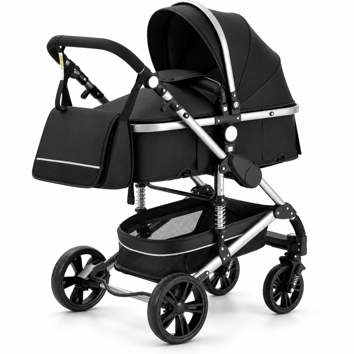 Poussette 3-en-1 Essentielle Prestige noire sur châssis chromé, nacelle montée, vue de profil sur fond blanc