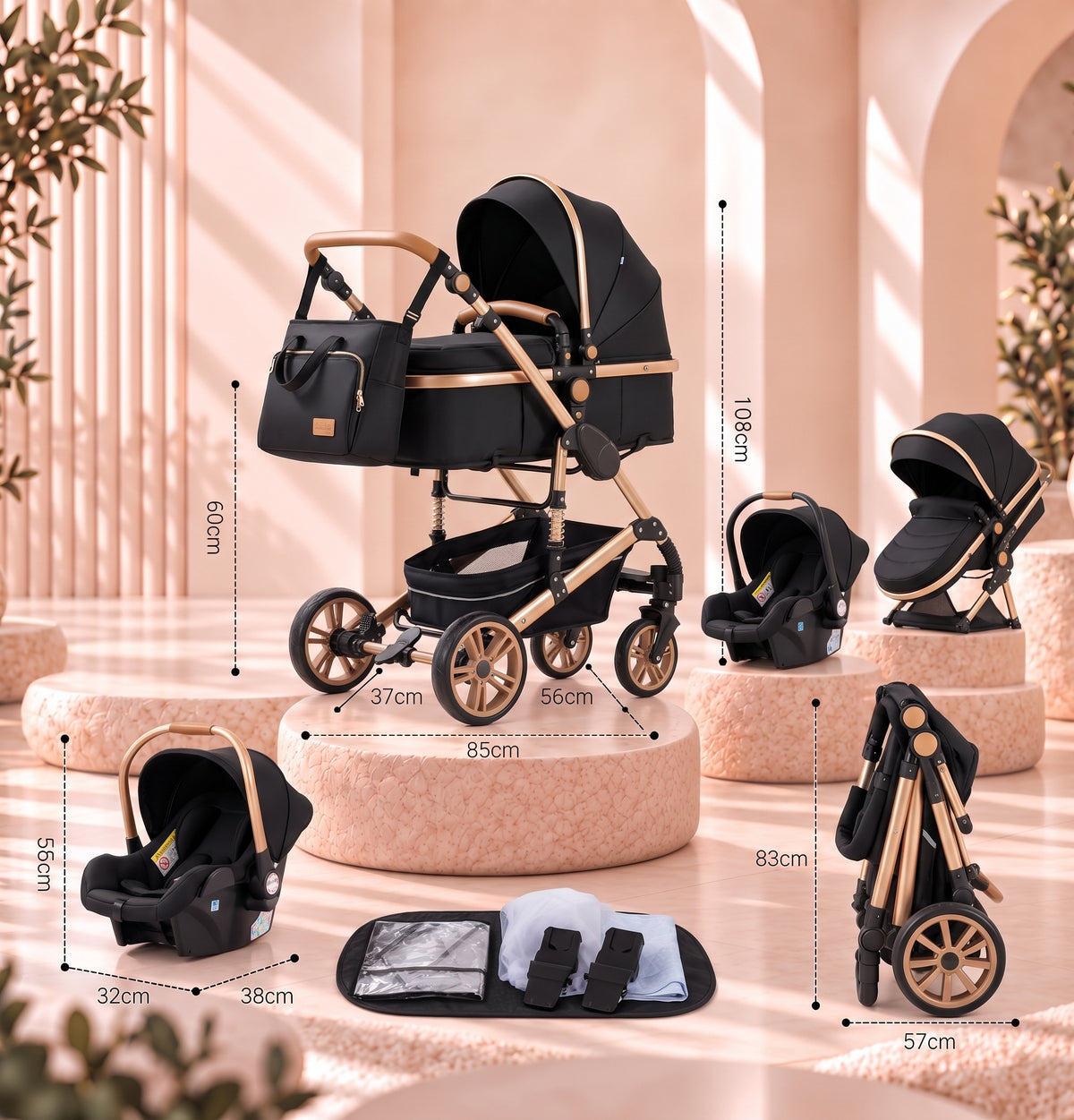Dimensions de la poussette 3-en-1 Essentielle Prestige : 108 cm de hauteur, 85 cm de longueur, 57 cm une fois pliée, et dimensions du siège auto cosy