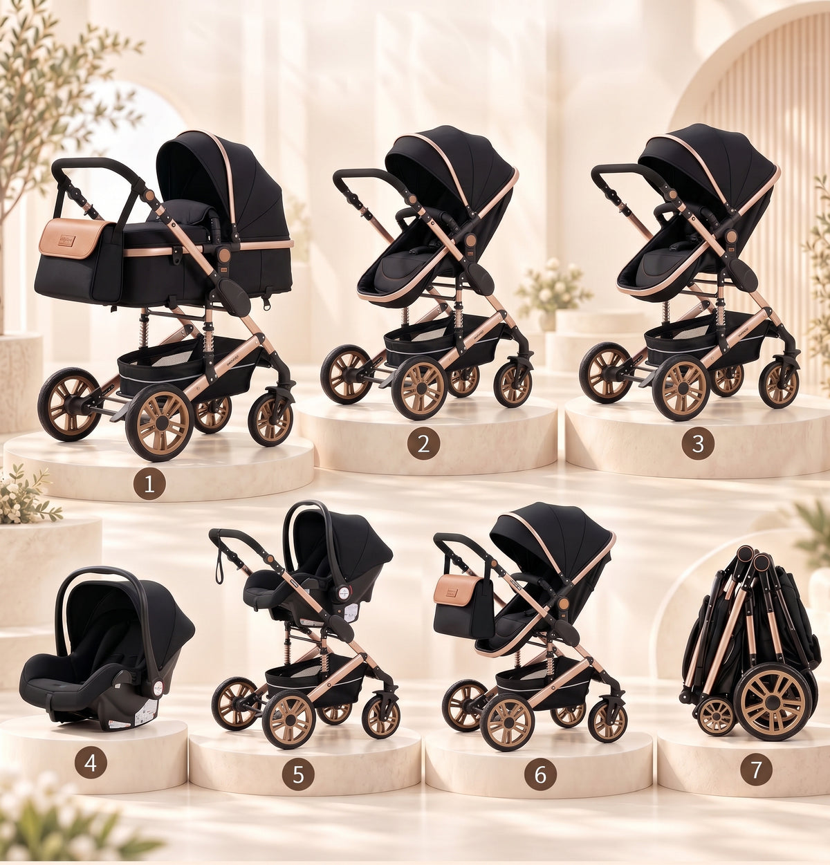 Les sept configurations de la poussette 3-en-1 Essentielle Prestige noir doré : nacelle, siège évolutif face parent ou face route, siège auto cosy et format plié