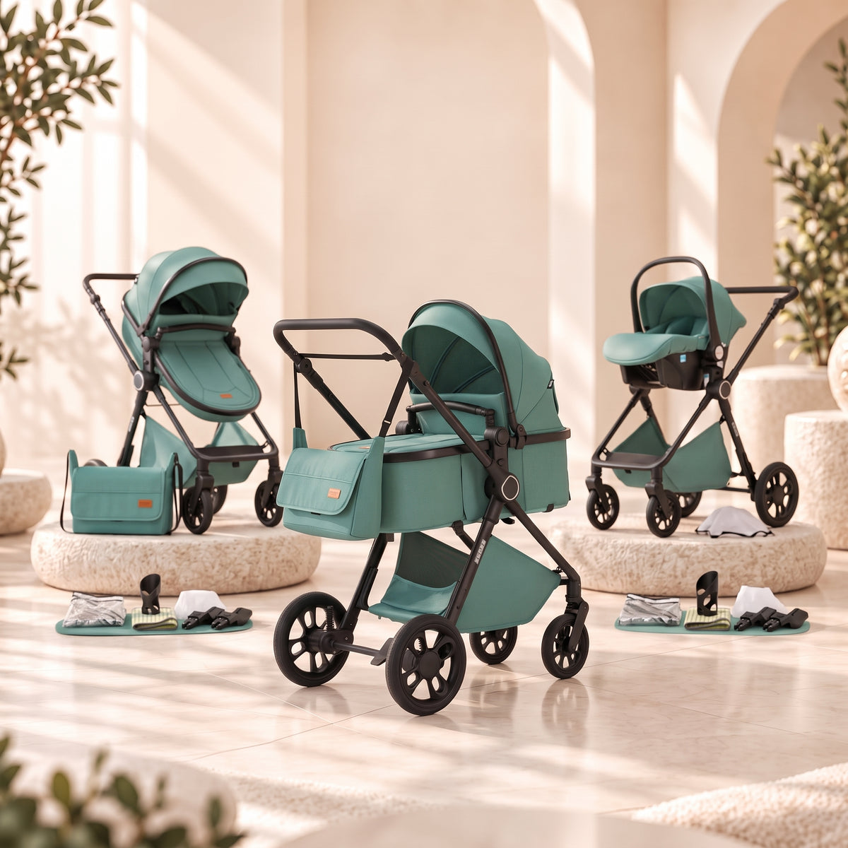 Pack complet de la poussette 3-en-1 Signature Camille vert émeraude : châssis noir, nacelle, siège évolutif, siège auto cosy, sac à langer et accessoires