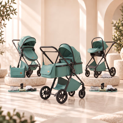 Pack complet de la poussette 3-en-1 Signature Camille vert émeraude : châssis noir, nacelle, siège évolutif, siège auto cosy, sac à langer et accessoires