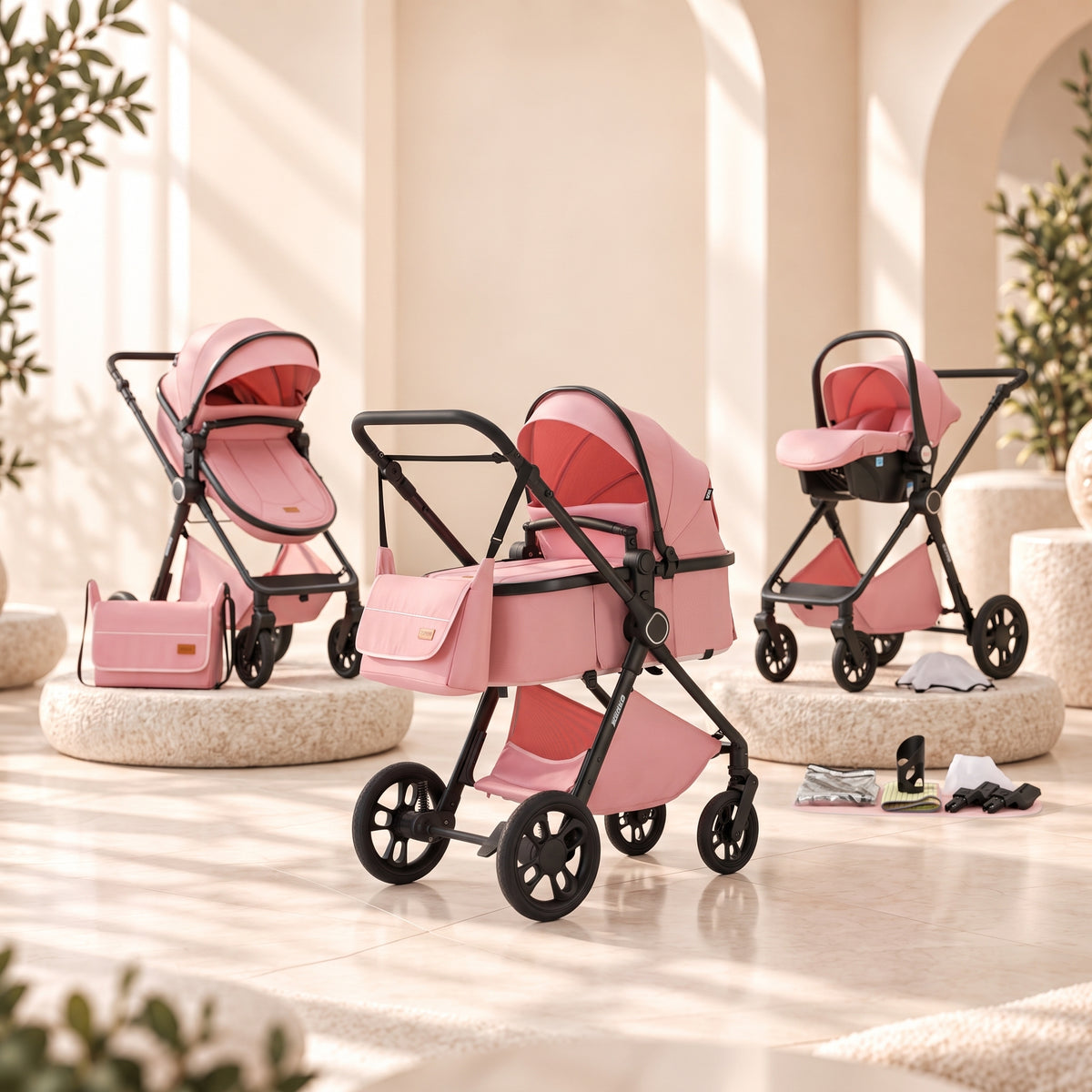 Pack complet de la poussette 3-en-1 Signature Louise rose poudré : châssis noir, nacelle, siège évolutif, siège auto cosy, sac à langer et accessoires