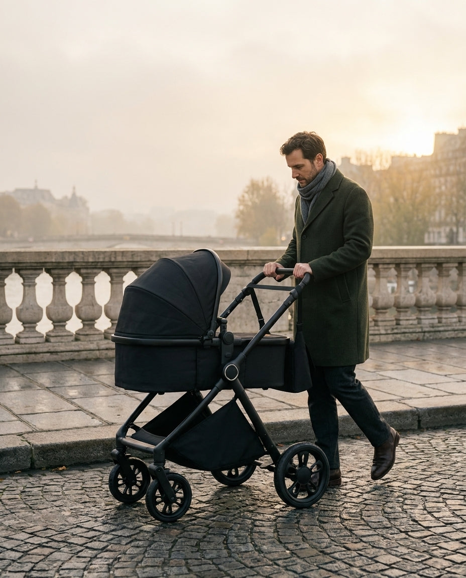 Papa traversant un pont parisien avec la poussette 3 en 1 Signature noire