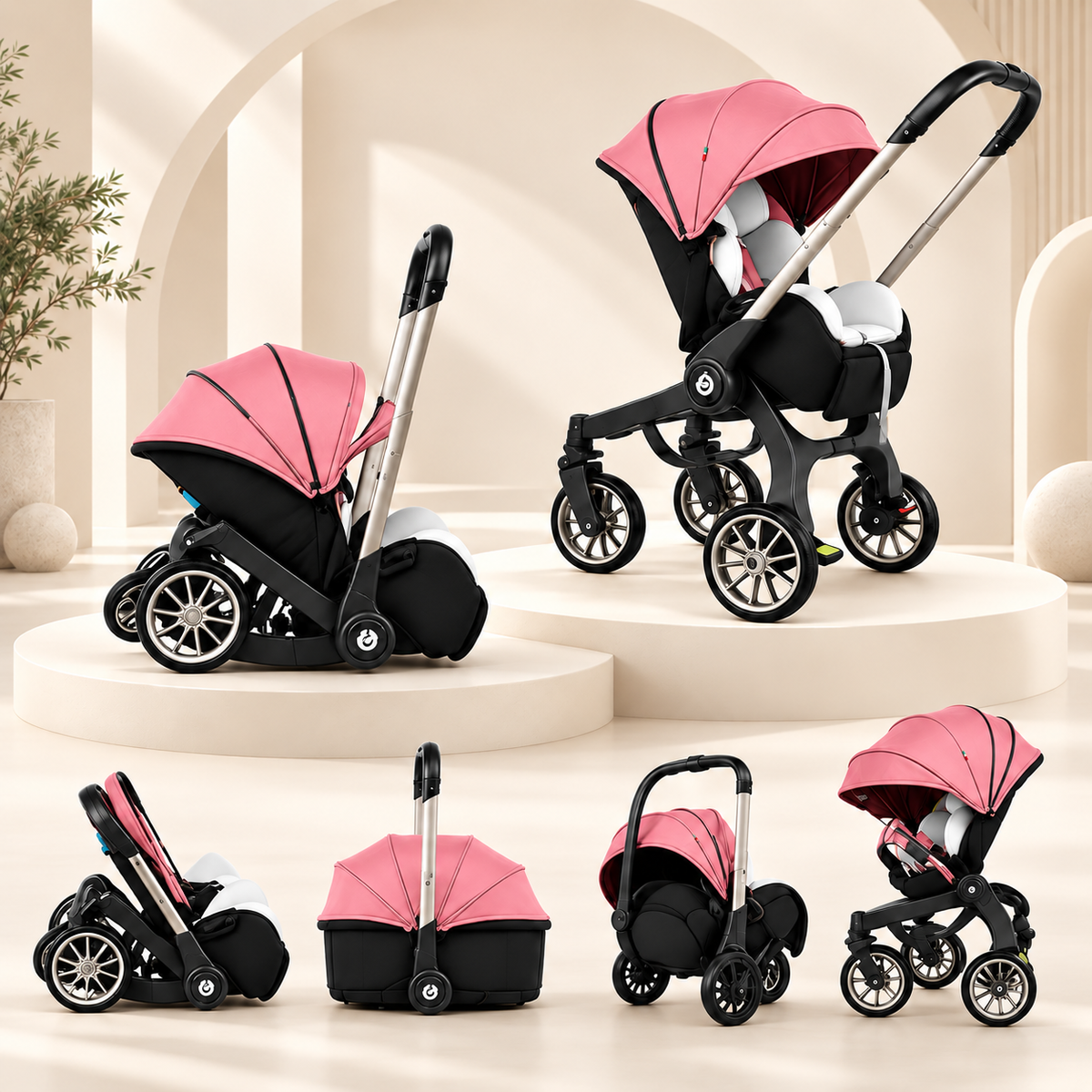Poussette 4 en 1 Grand Voyage Alizé rose en plusieurs positions : mode poussette, mode tiré, roues repliées et cosy porté