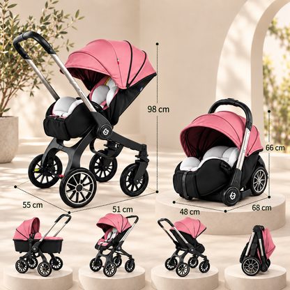 Dimensions de la poussette 4 en 1 Grand Voyage Alizé rose : 98 cm de haut, 51 cm de long, cosy 66 x 68 x 48 cm