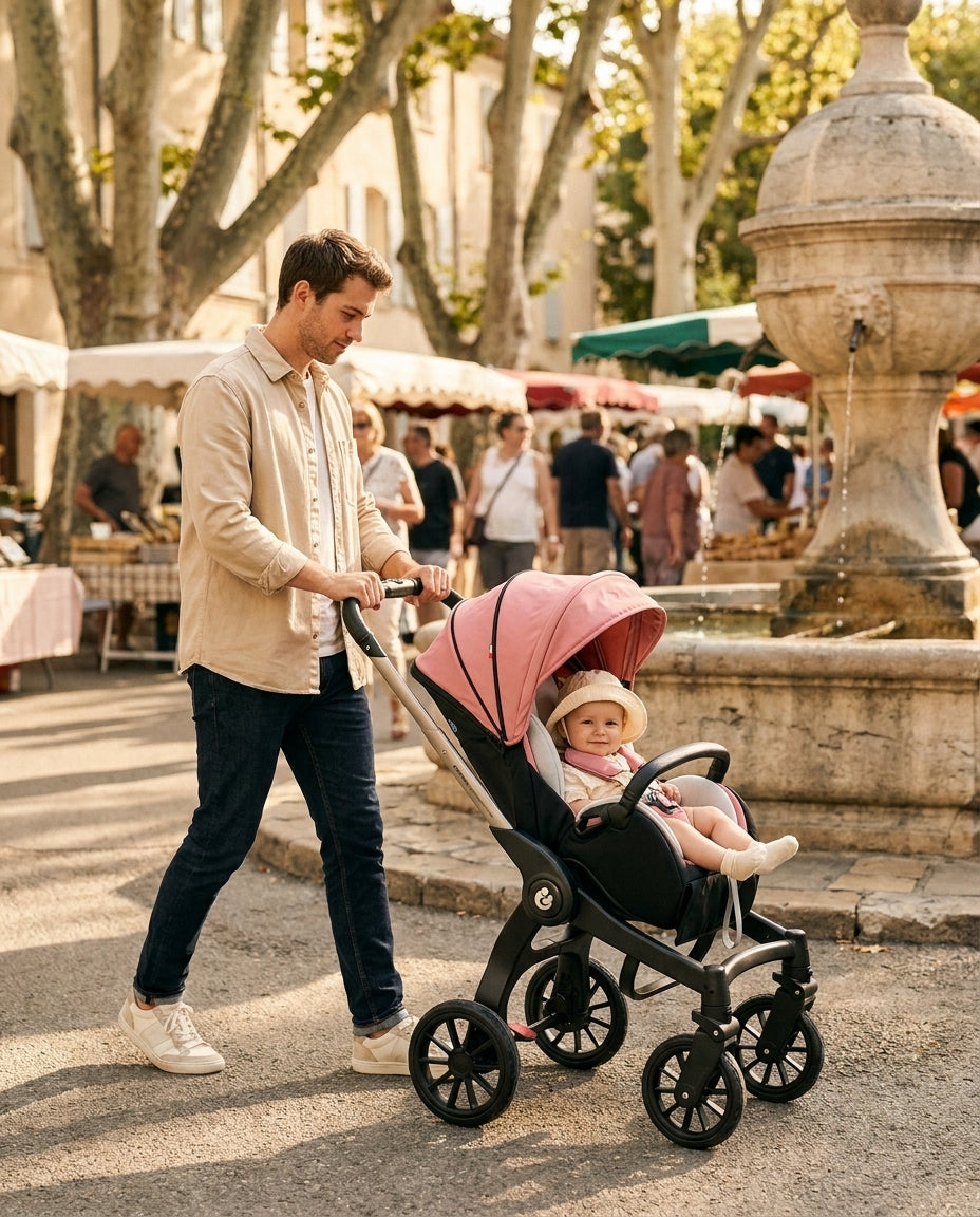 Papa et bébé au marché avec la poussette 4 en 1 Grand Voyage Alizé rose