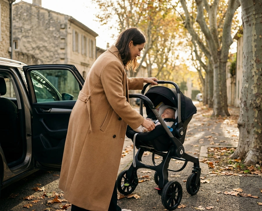 Maman fixant le siège auto cosy sur la poussette 4 en 1 Grand Voyage près de la voiture