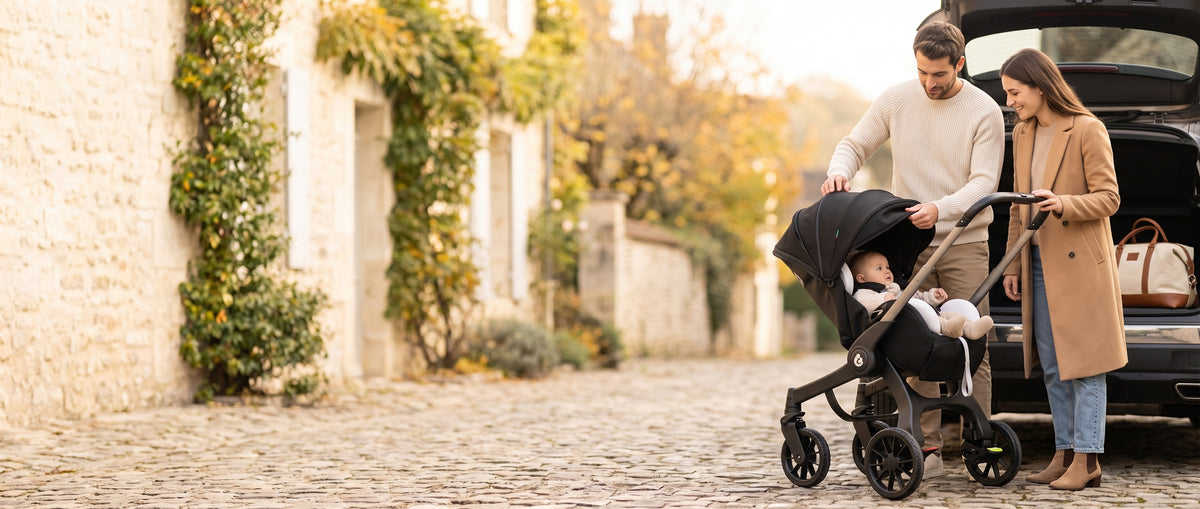 Parents préparant un départ en week-end avec leur poussette 4 en 1 Grand Voyage noire