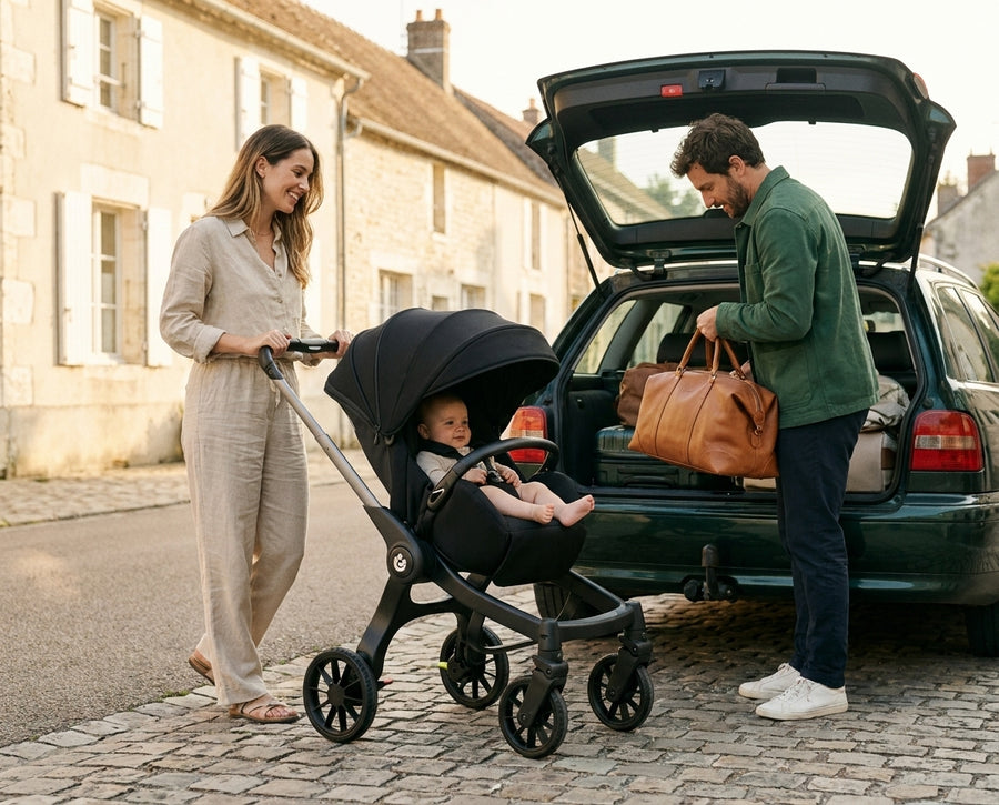 Famille partant en week-end avec la poussette 4 en 1 Grand Voyage noire