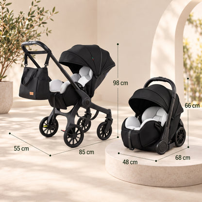 Dimensions de la poussette 4 en 1 Grand Voyage noire : 98 cm de haut, 85 cm de long, 55 cm de large, cosy 66 x 68 x 48 cm