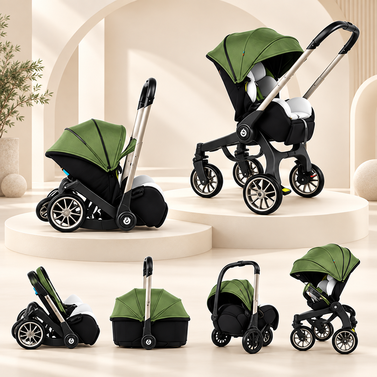 Poussette 4 en 1 Grand Voyage Horizon kaki en plusieurs positions : mode poussette, mode tiré, roues repliées et cosy porté