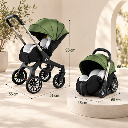 Dimensions de la poussette 4 en 1 Grand Voyage Horizon kaki : 98 cm de haut, 51 cm de long, cosy 66 x 68 x 48 cm