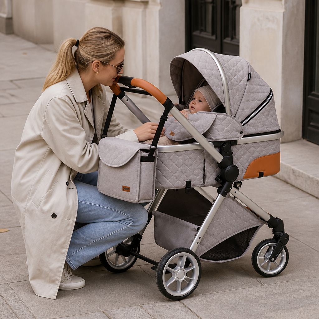 Femme accroupie ajustant un bébé dans une poussette 3-en-1 grise et beige, devant une porte