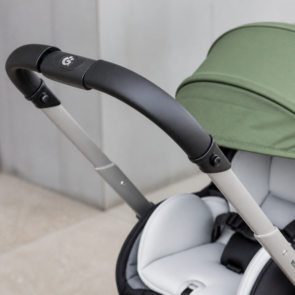 Gros plan sur la poignée en cuir noir et l'assise vert olive de la poussette