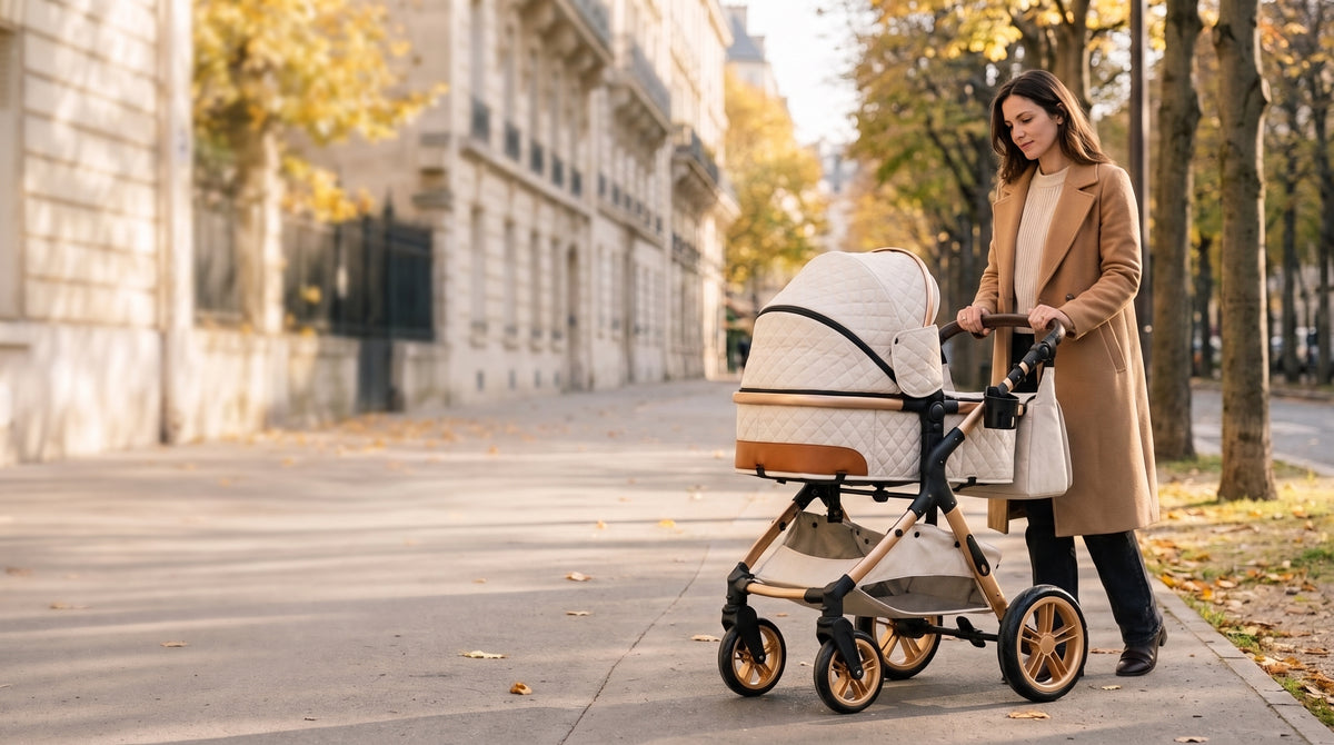 Maman poussant la poussette 3 en 1 Couture crème dans une avenue parisienne en automne